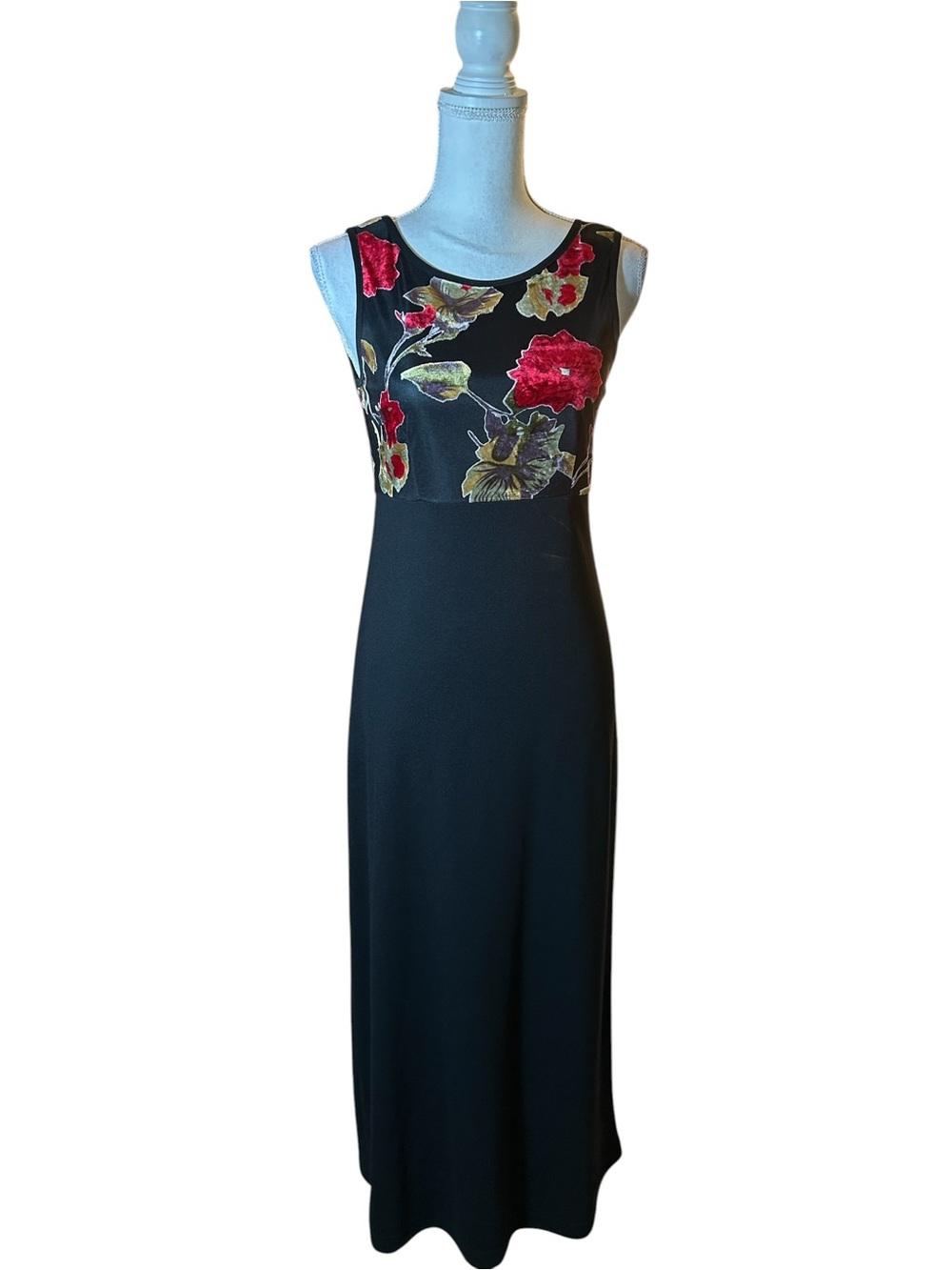 DJ Int Black Maxi Dress with Velvet Bodice and Red Floral Embroidery